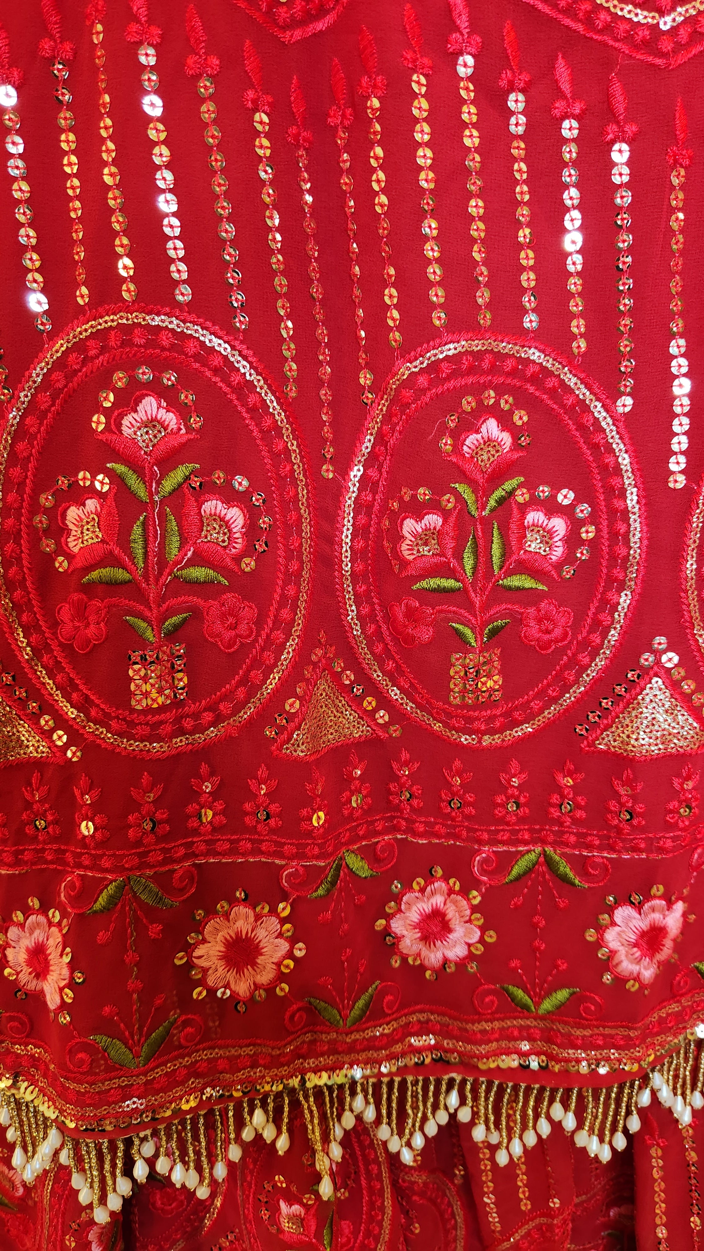 Red Thread and Pearl Embroidered Kurtha with Garara and Shawl Enchant