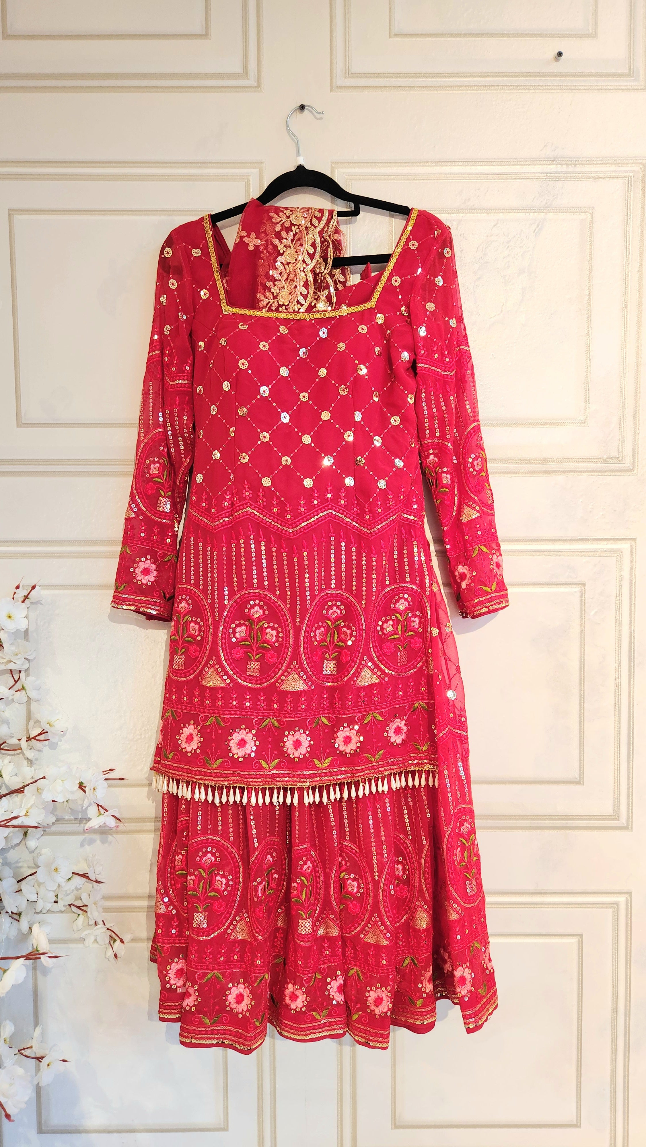 Red Thread and Pearl Embroidered Kurtha with Garara and Shawl Enchant