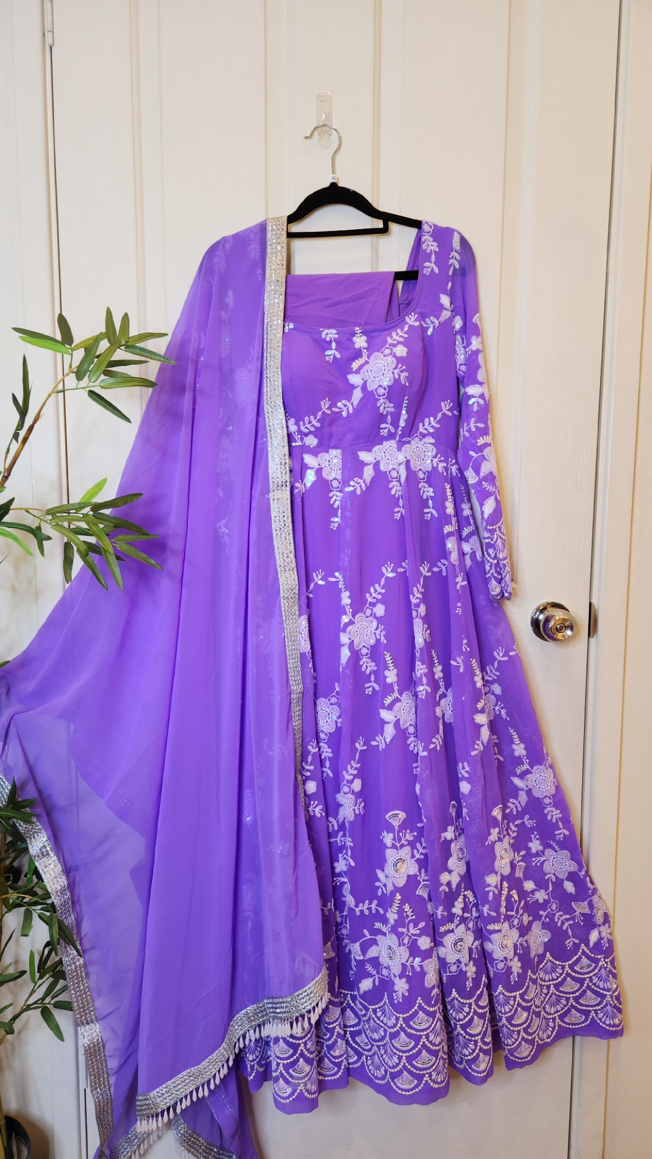 Purple Thread and Sequin Embroidered Anarkali with Chudidar and Shawl Ambery