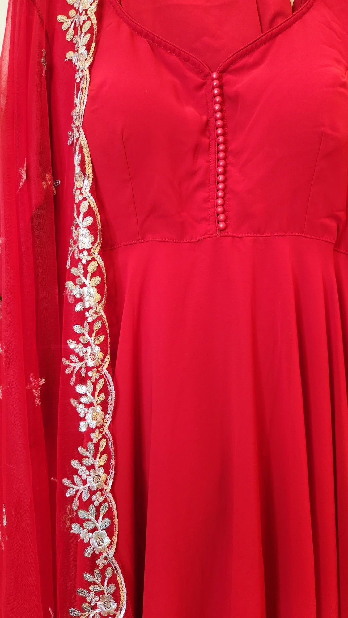 Red Full Sleeve Plain Georgette Boutique Anarkali with Churidar and Shawl