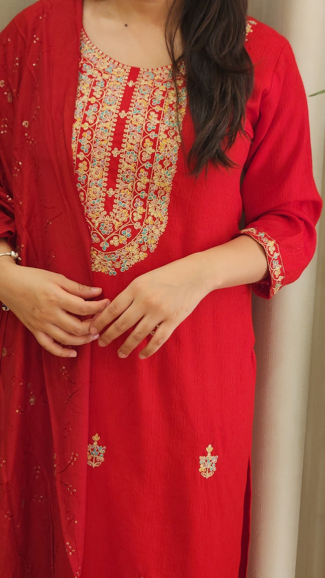 Red Zariwork Cotton Kurta with Pant and Shawl Ria