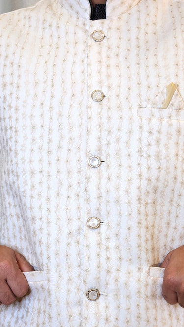 Cream and White Shimmer Embroidered Nehru Jacket - House of Nepal