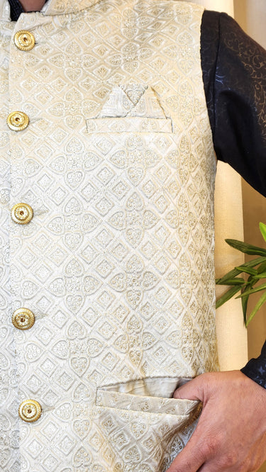 Champagne Sequin Embossed Embroidery Nehru Jacket - House of Nepal