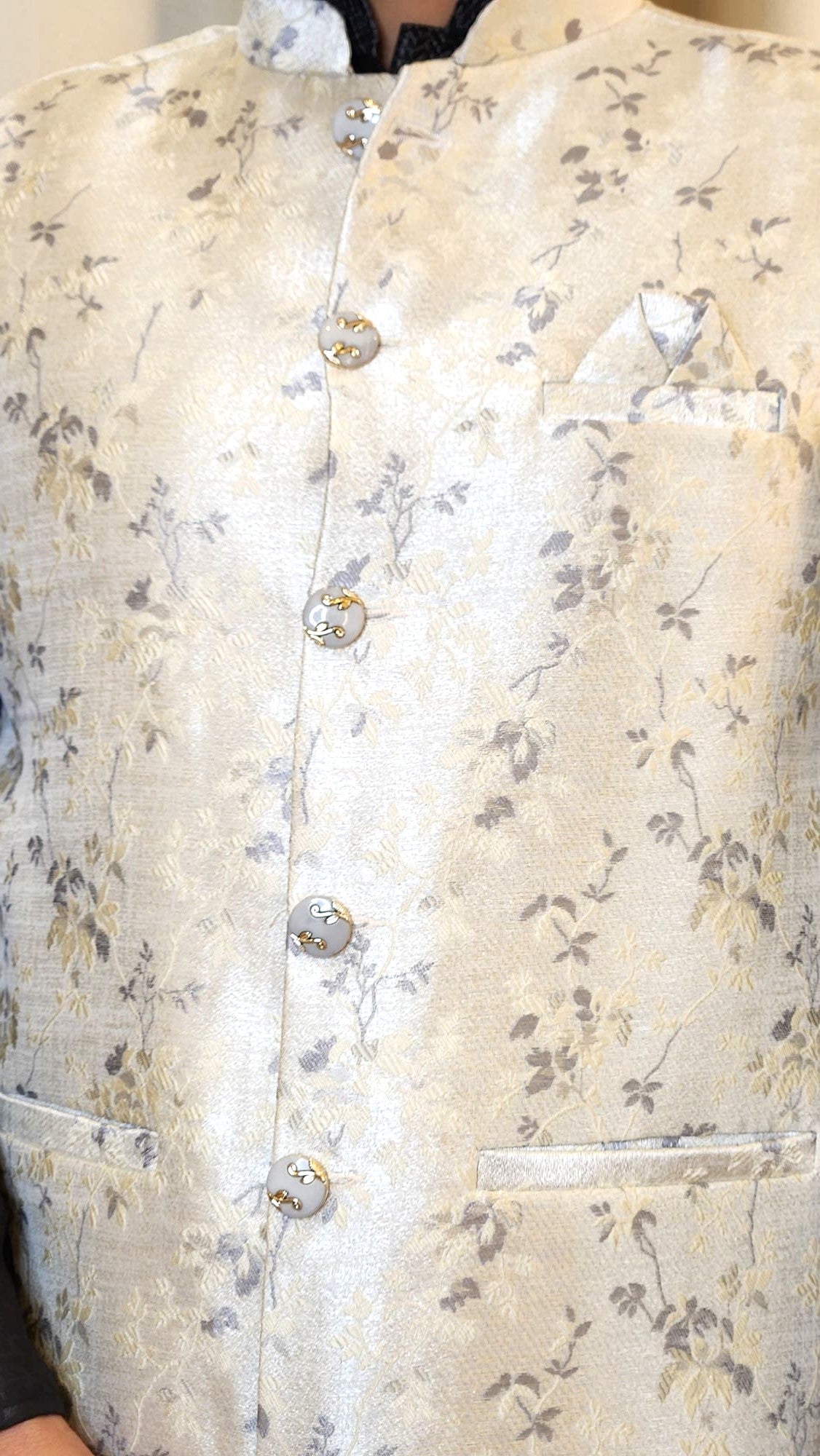 Beige and Grey Thread Embroidered Floral Nehru Jacket