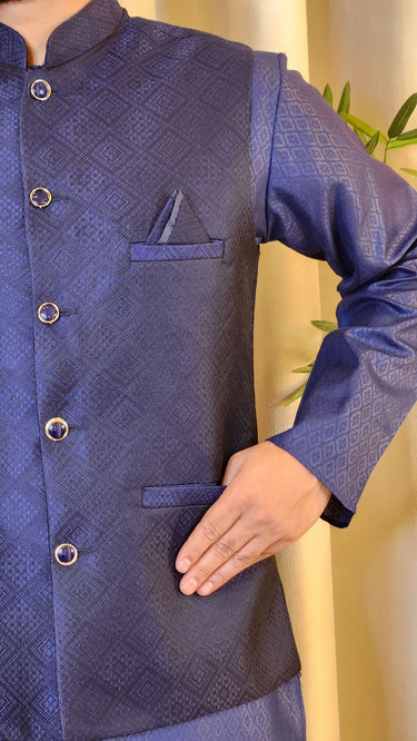Geometric Pattern Embroidered Nehru Coat in Navy - House of Nepal