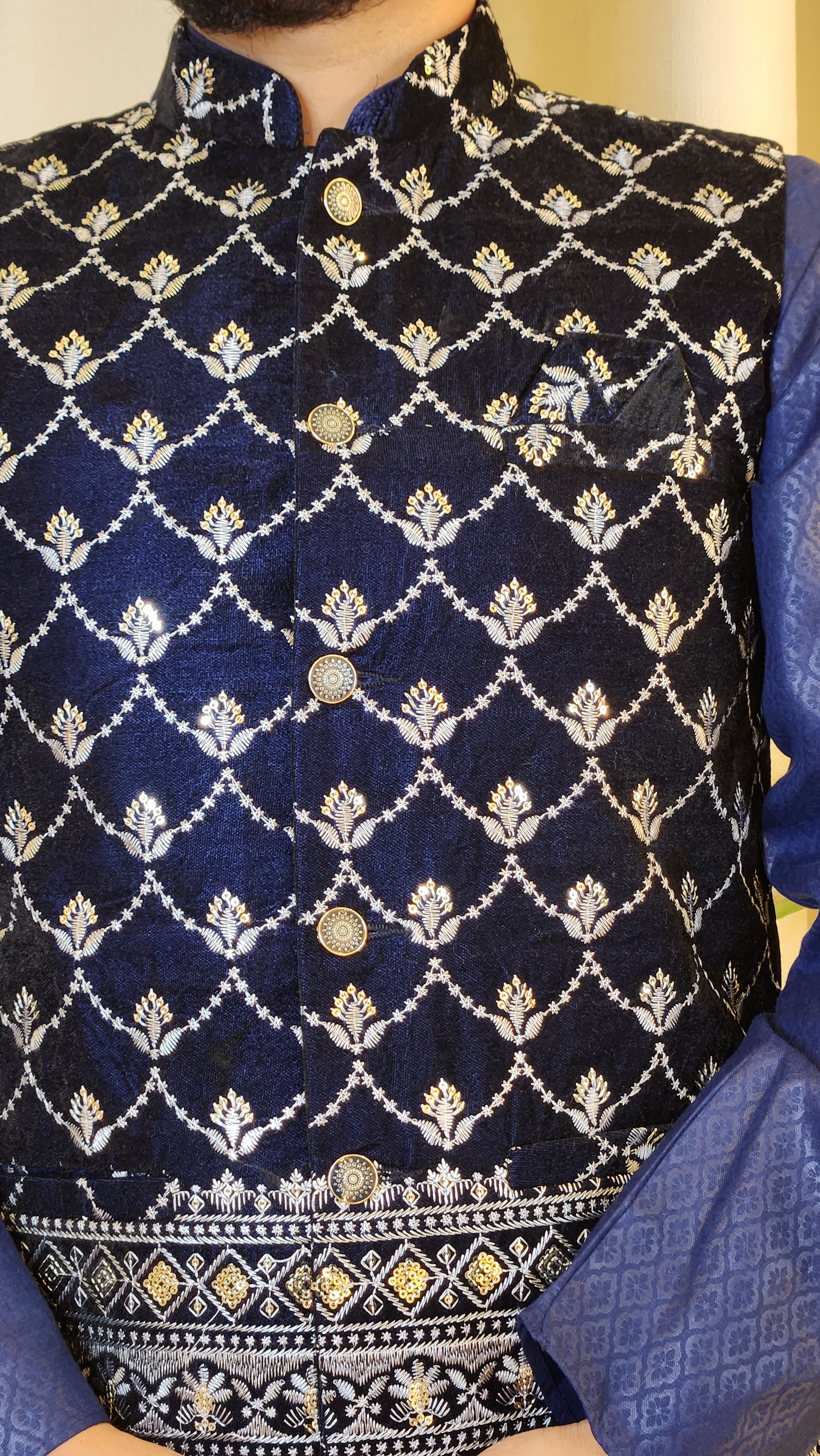 Velvet Zari and Sequin Embroidered Nehru Jacket Navy