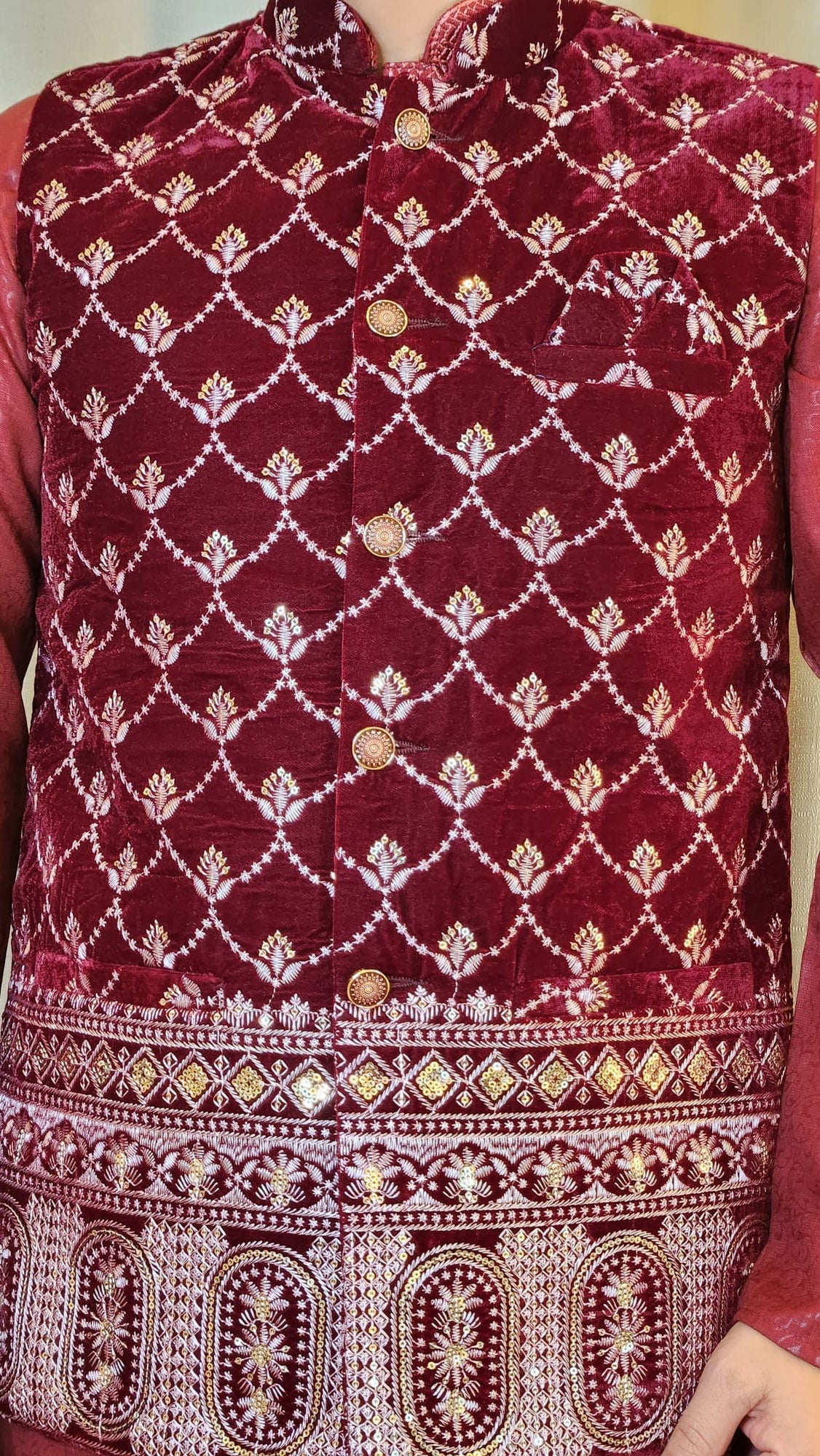 Velvet Zari and Sequin Embroidered Nehru Jacket Maroon