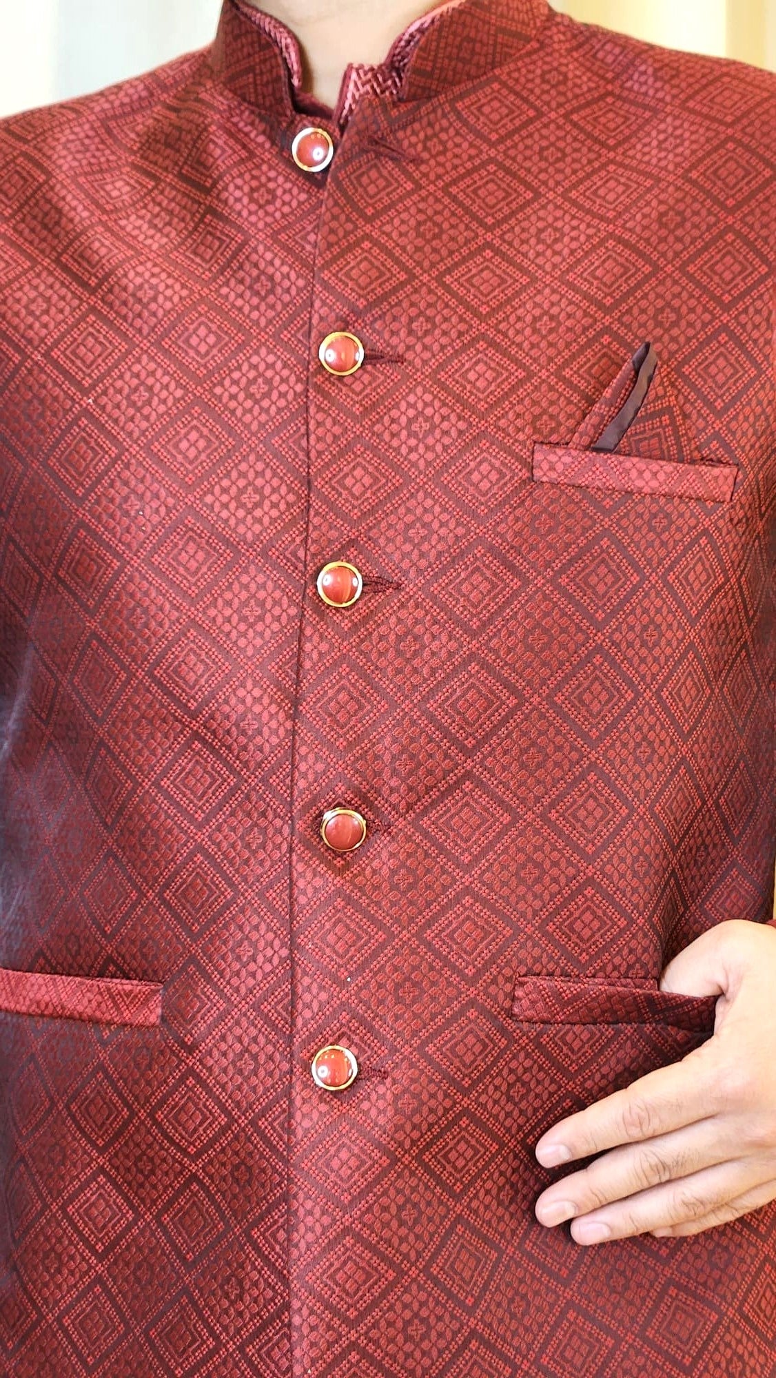 Geometric Pattern Embroidered Nehru Coat in Maroon