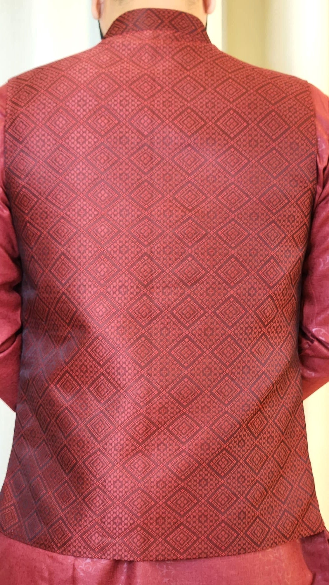 Geometric Pattern Embroidered Nehru Coat in Maroon