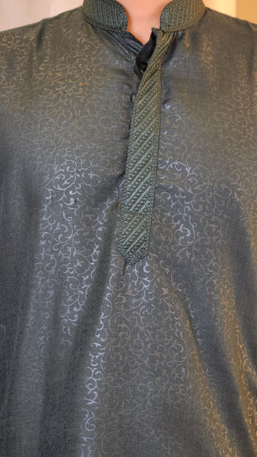 Green Floral Foil Printed Cotton Mens Kurta