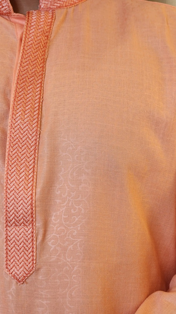 Peach Floral Foil Printed Cotton Kurta with Pajama