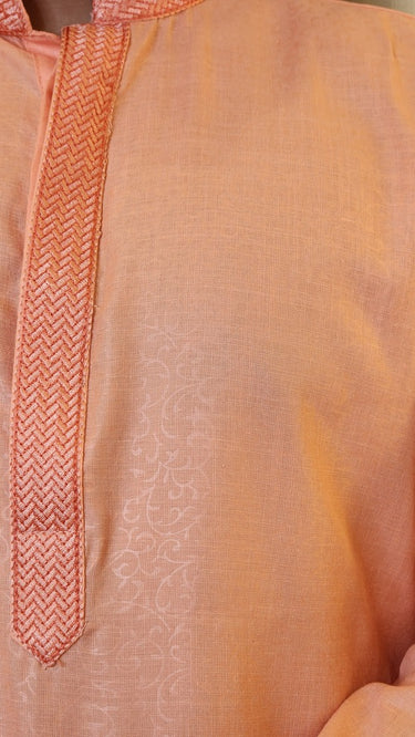Peach Floral Foil Printed Cotton Kurta with Pajama - House of Nepal