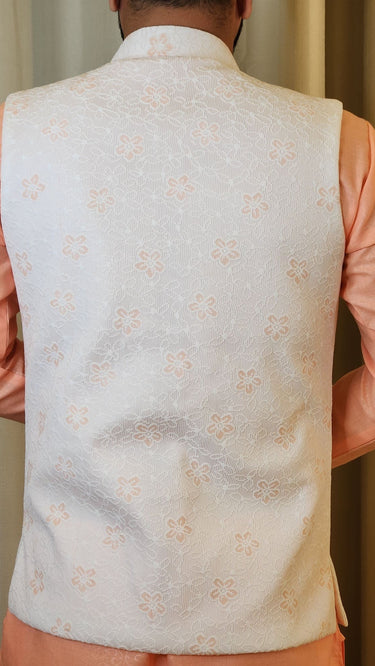 Peach and White Shimmer Embroidered Nehru Jacket - House of Nepal