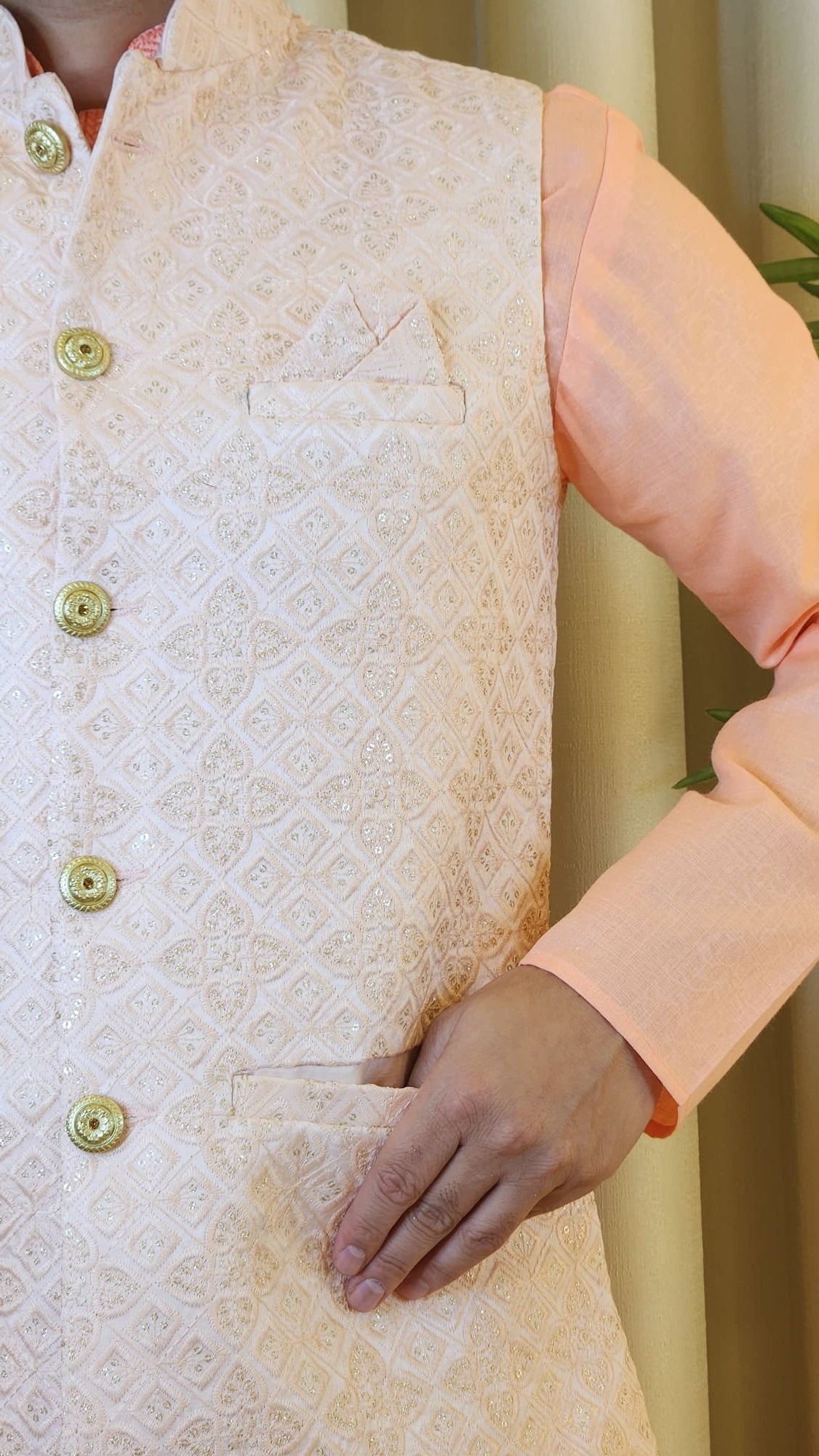 Light Pink Sequin Embossed Embroidery Nehru Jacket