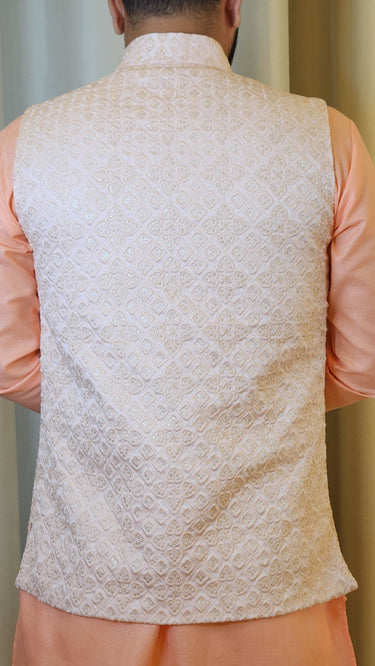Light Pink Sequin Embossed Embroidery Nehru Jacket - House of Nepal