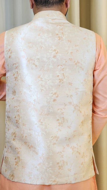 Beige and Peach Thread Embroidered Floral Nehru Jacket - House of Nepal
