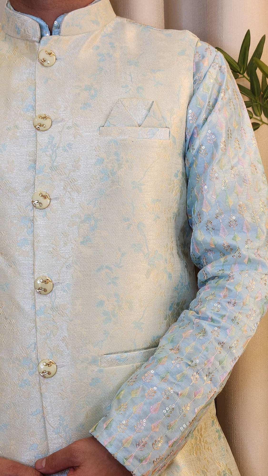 Beige and Blue Thread Embroidered Floral Nehru Jacket
