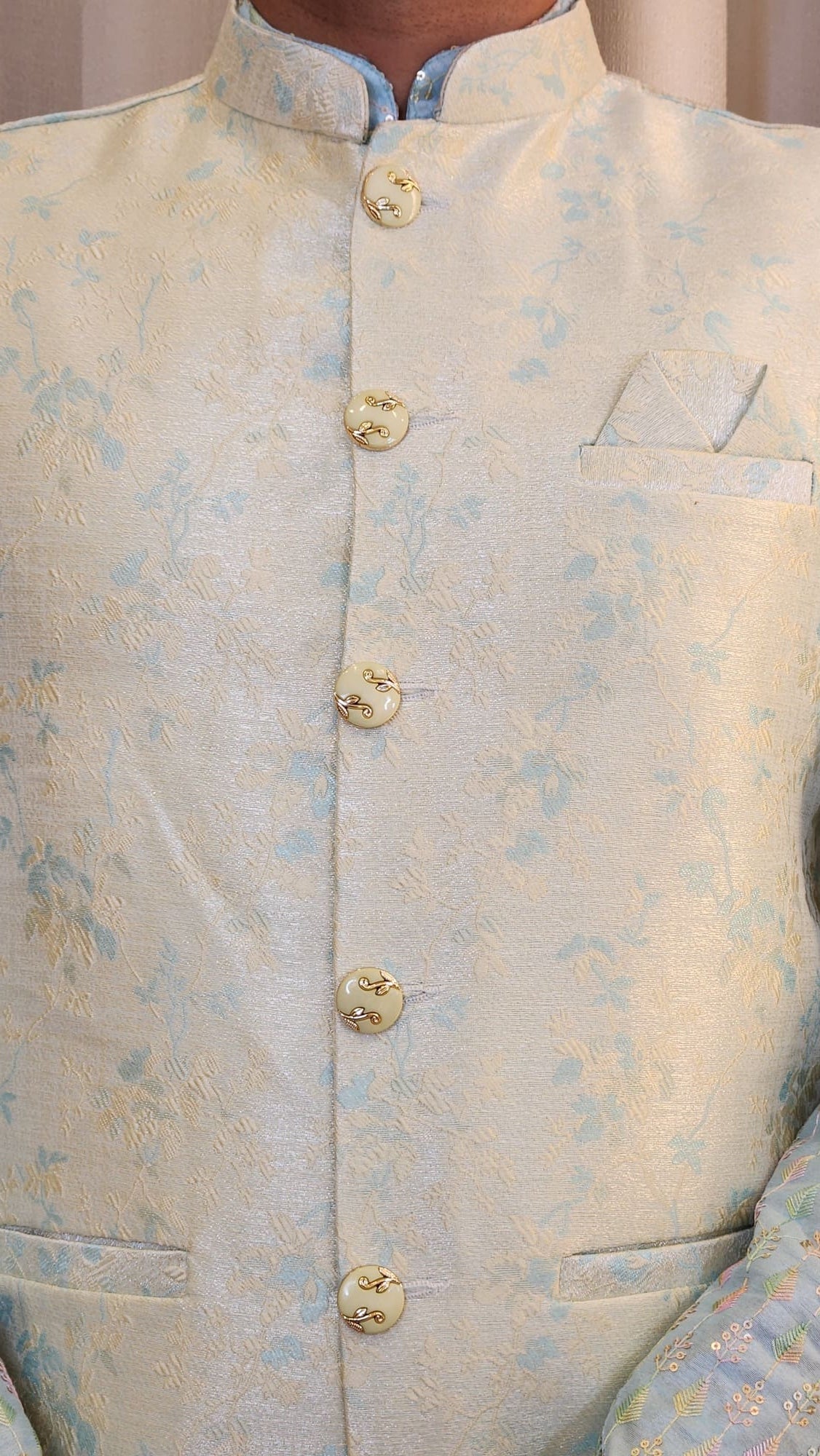 Beige and Blue Thread Embroidered Floral Nehru Jacket