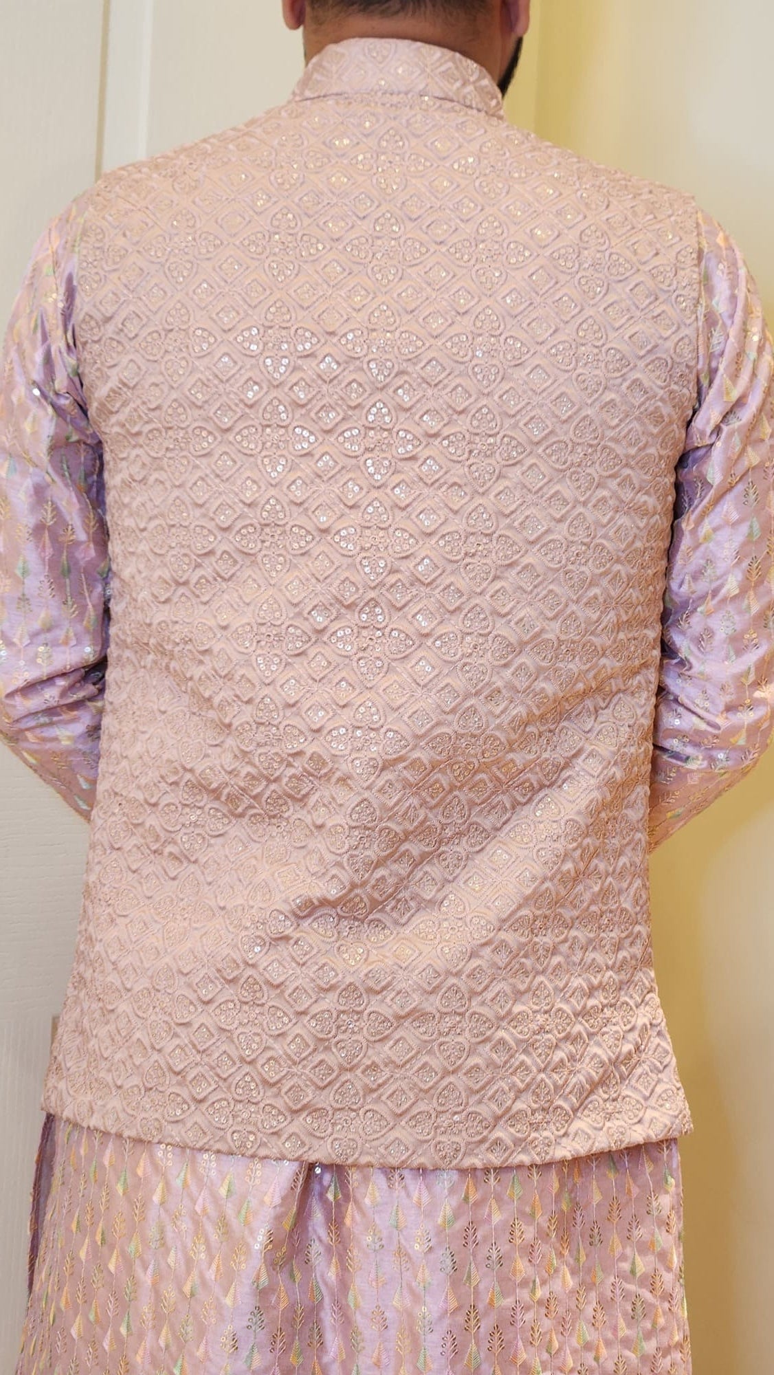 Mauve Pink Sequin Embossed Embroidery Nehru Jacket