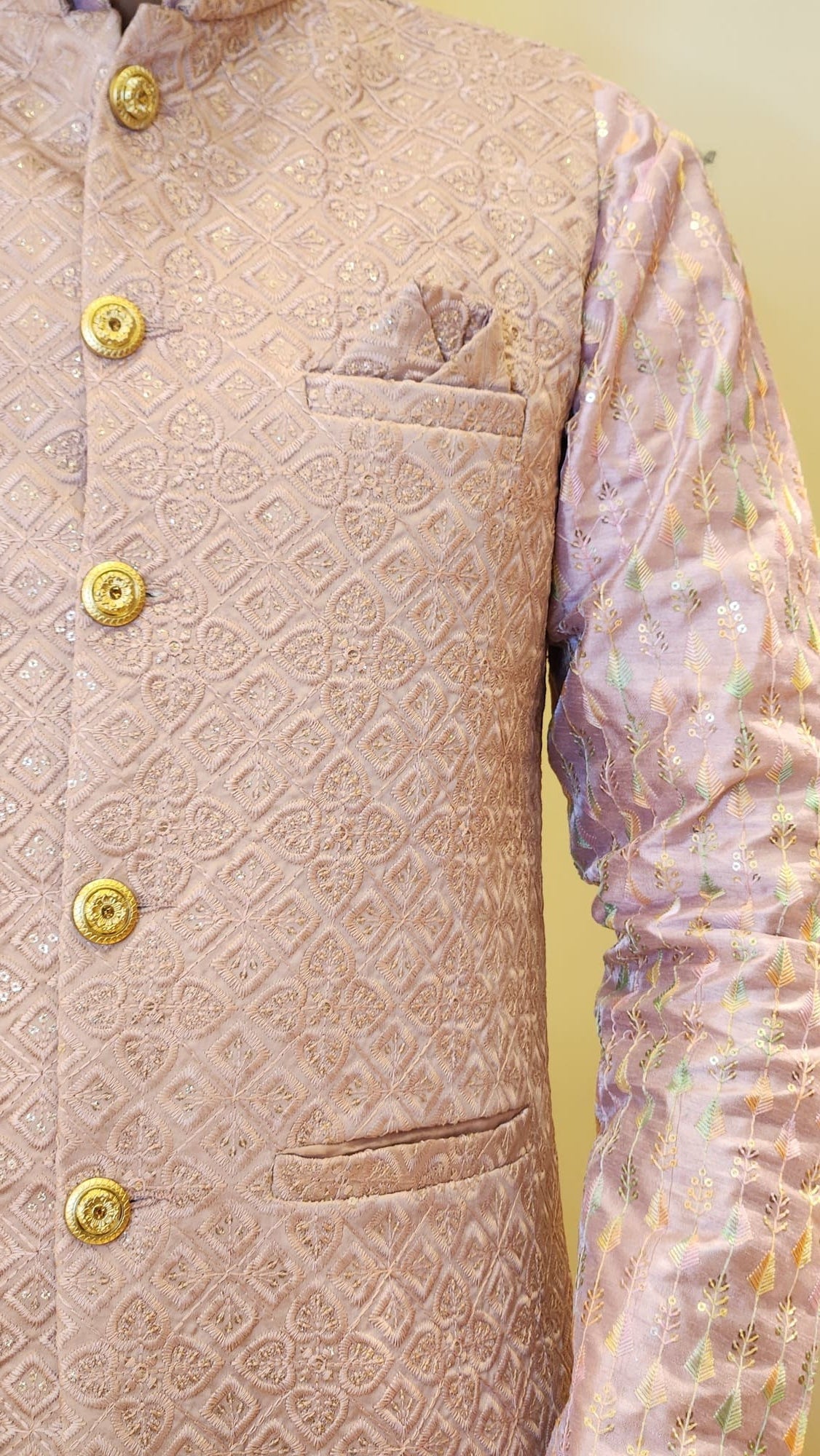 Mauve Pink Sequin Embossed Embroidery Nehru Jacket