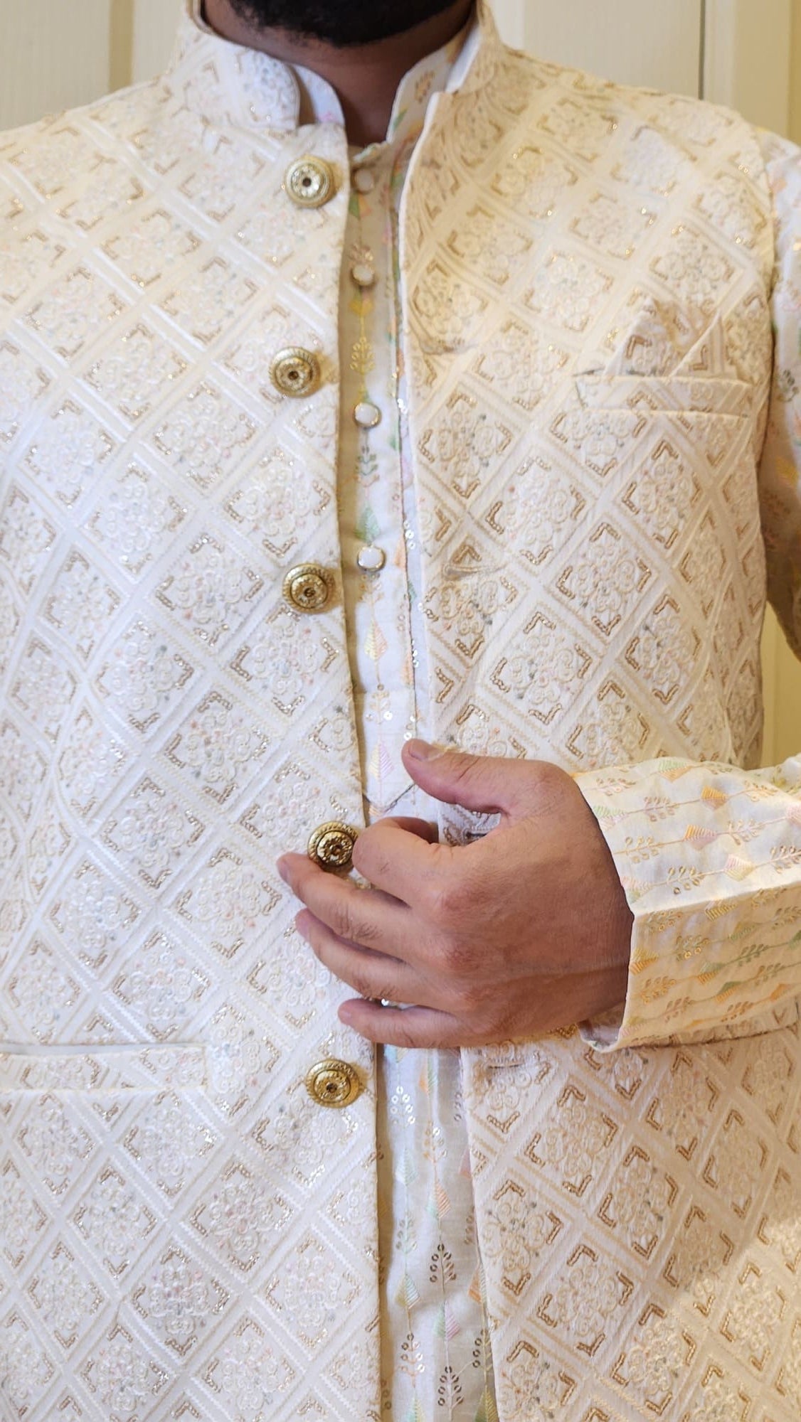 Malai Sequin Embroidered Nehru Jacket Beige