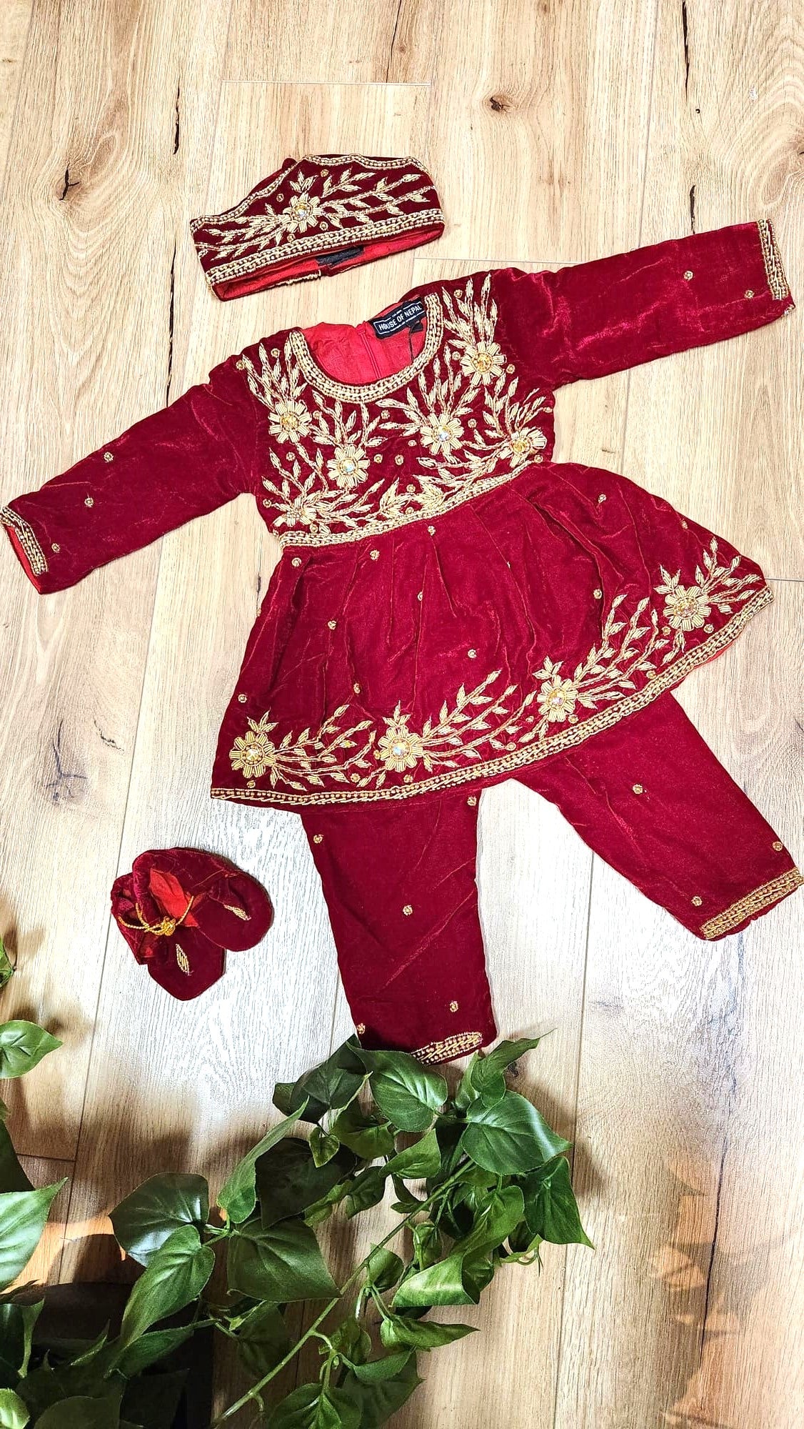 Girls Pasni Dress in Velvet with Pants and Hair Band Rose