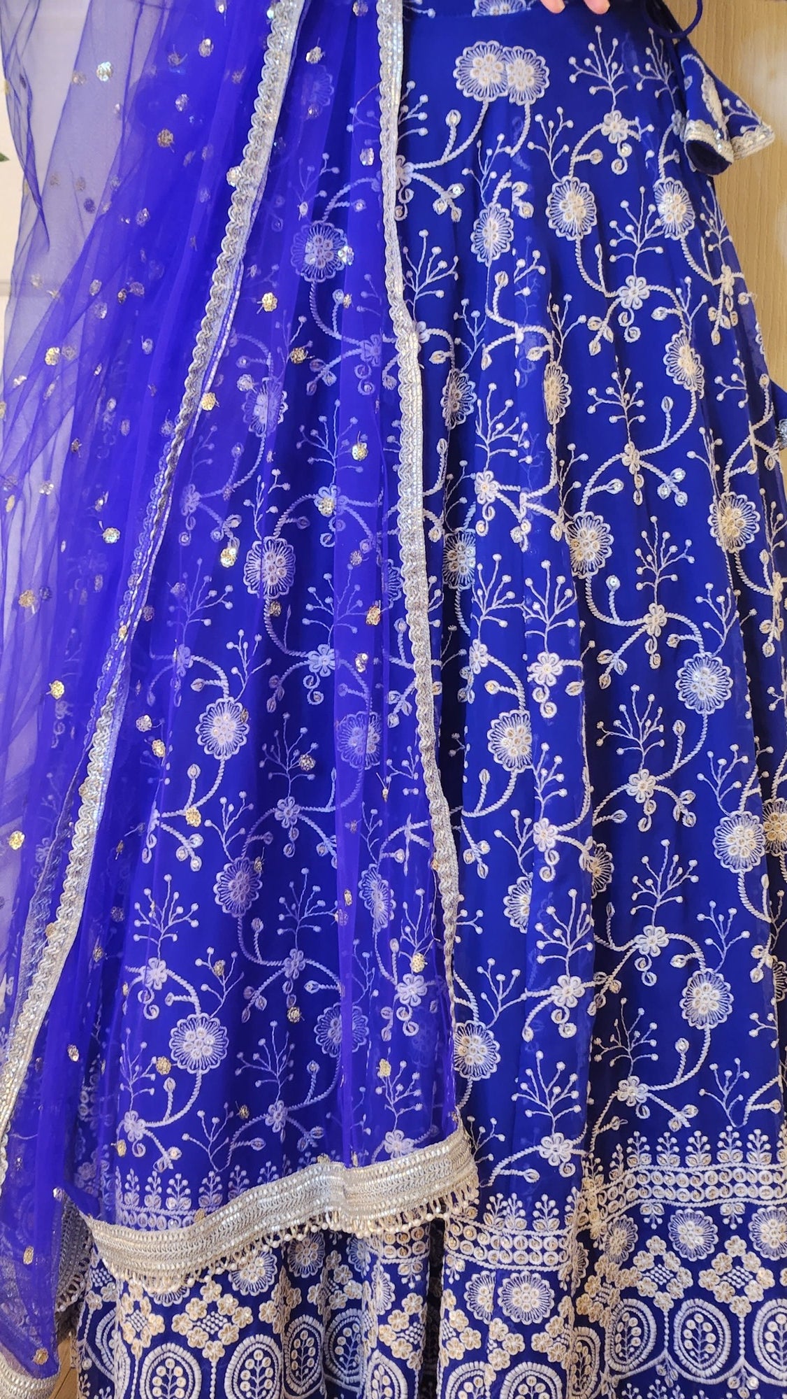 Royal Blue Sequin and Thread Embroidered Lehenga with Boutique Blouse and Shawl Mimosa
