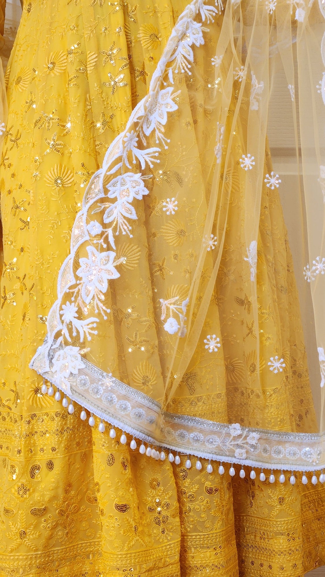 Yellow Sequin Embroidery Boutique Anarkali Kurta with Chudidar and Shawl