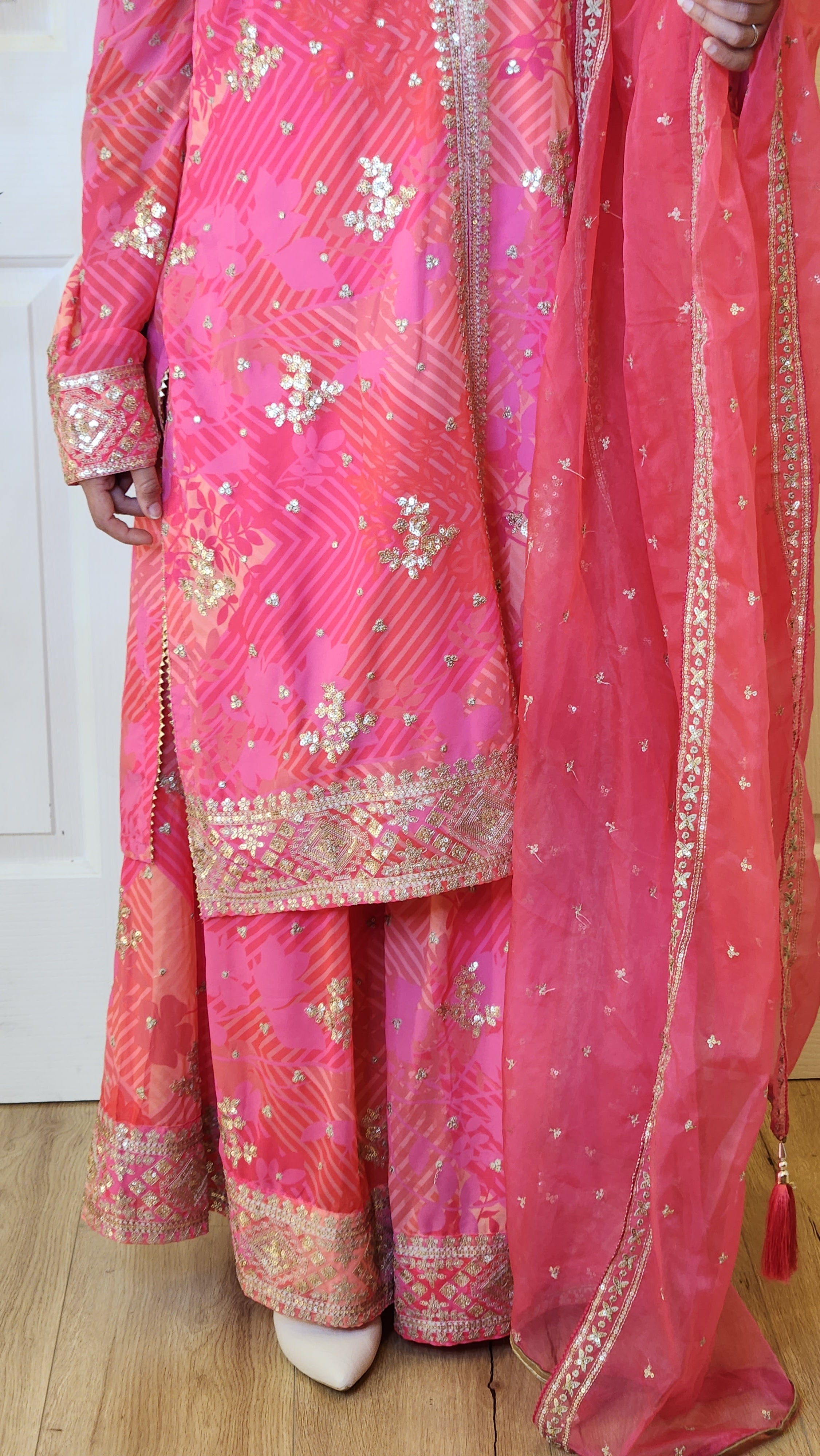 Pink Georgette Printed Kurti with Gharara Pants and Shawl Naina