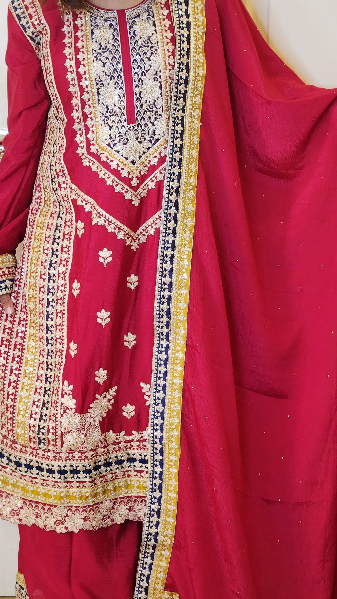 Red Chinon Silk Golden Zari Embroidered Sarara Suit with Anarkali Kurti Naina