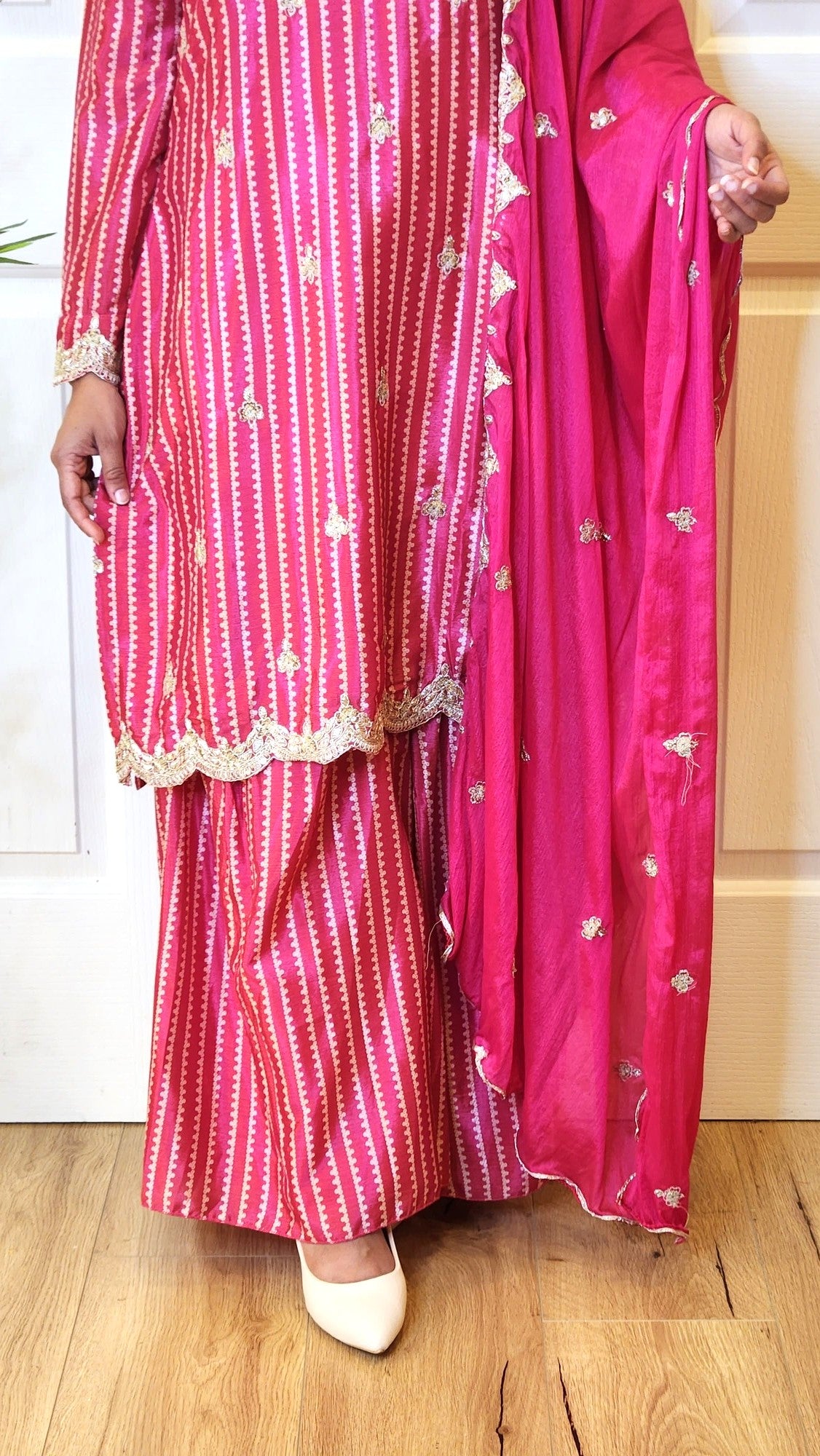 Chinon Silk Zari Embroidered Kurti with Gharara Pants and Shawl Naina