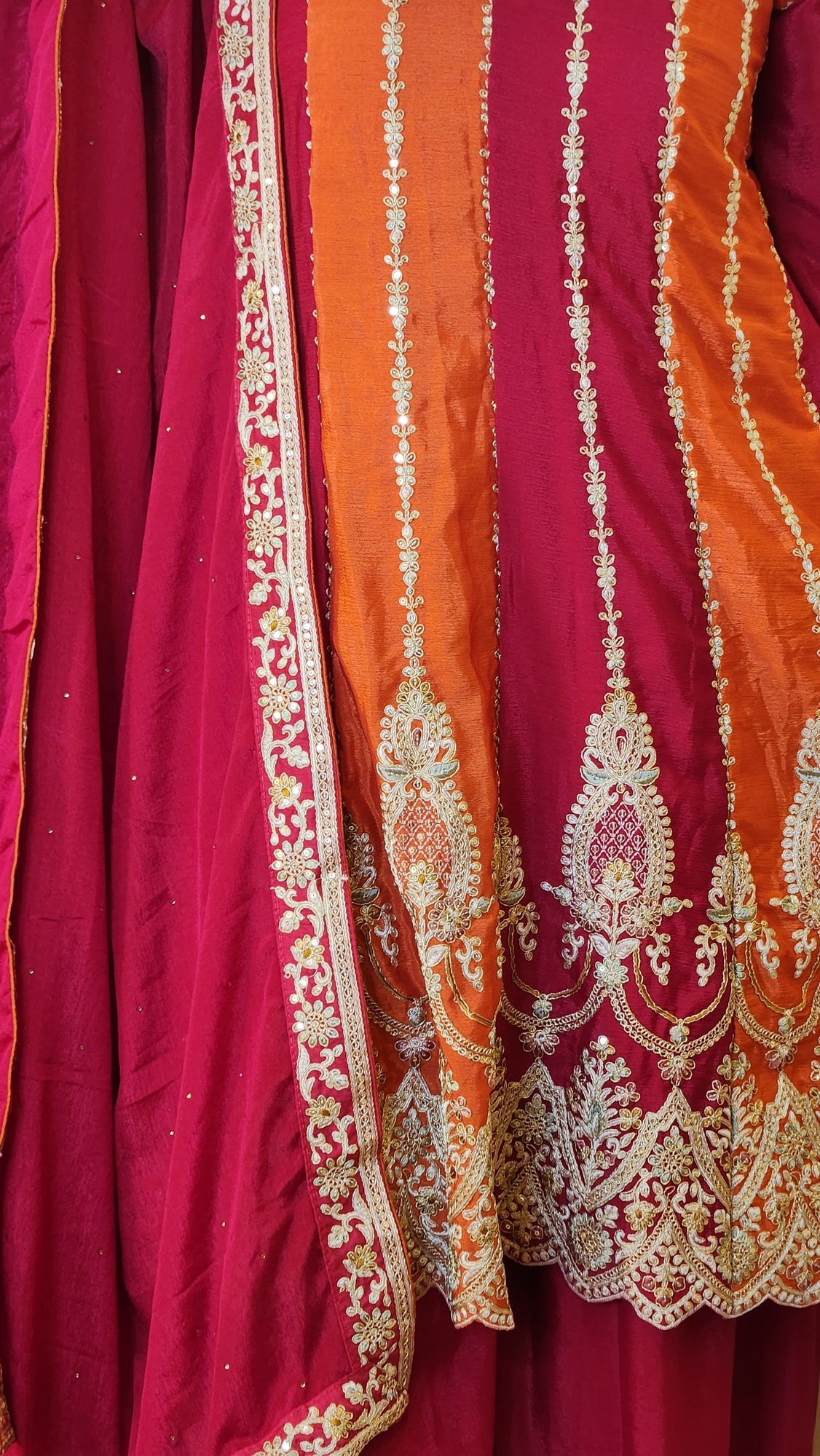 Orange and Red Chinon Silk Sarara Suit with Anarkali Kurti and Shawl Naina