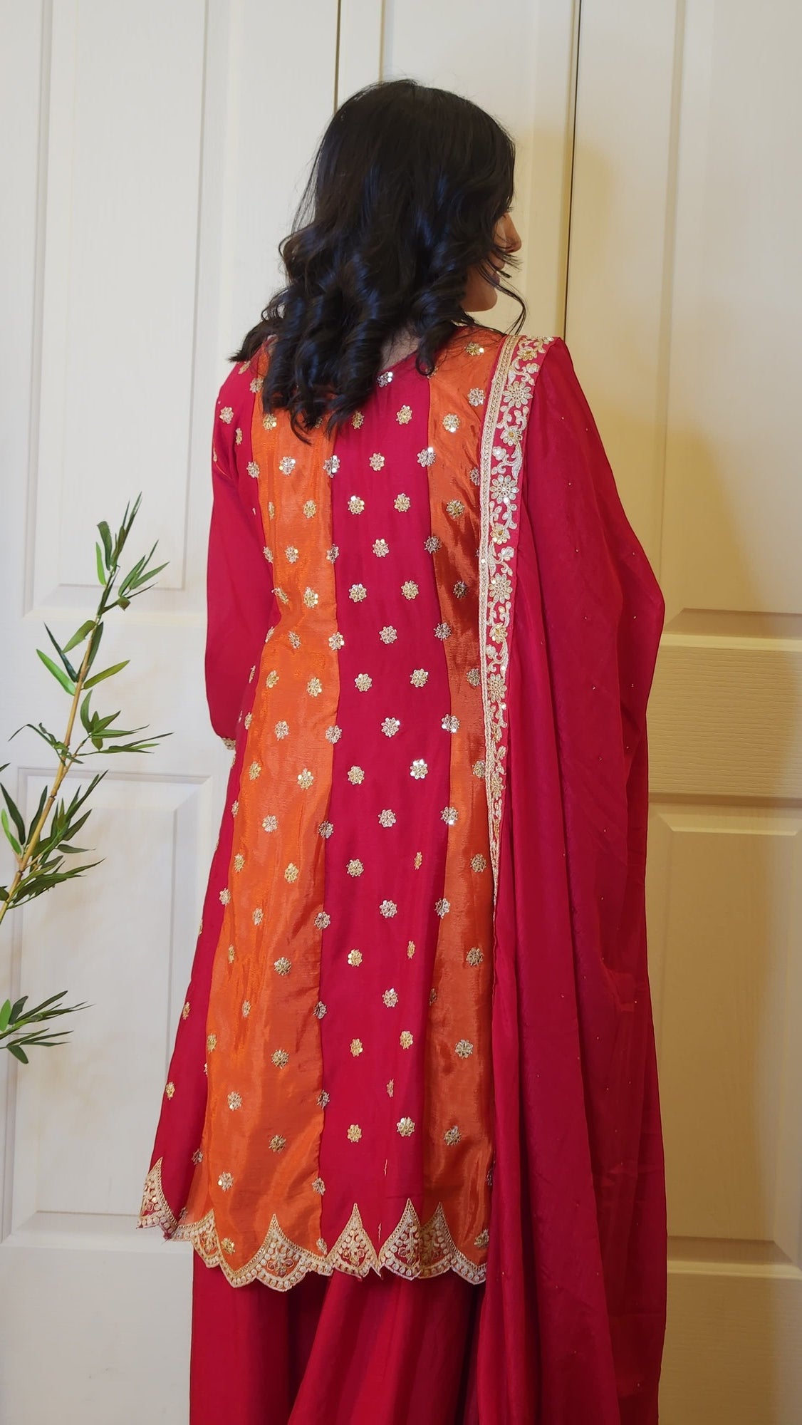 Orange and Red Chinon Silk Sarara Suit with Anarkali Kurti and Shawl Naina