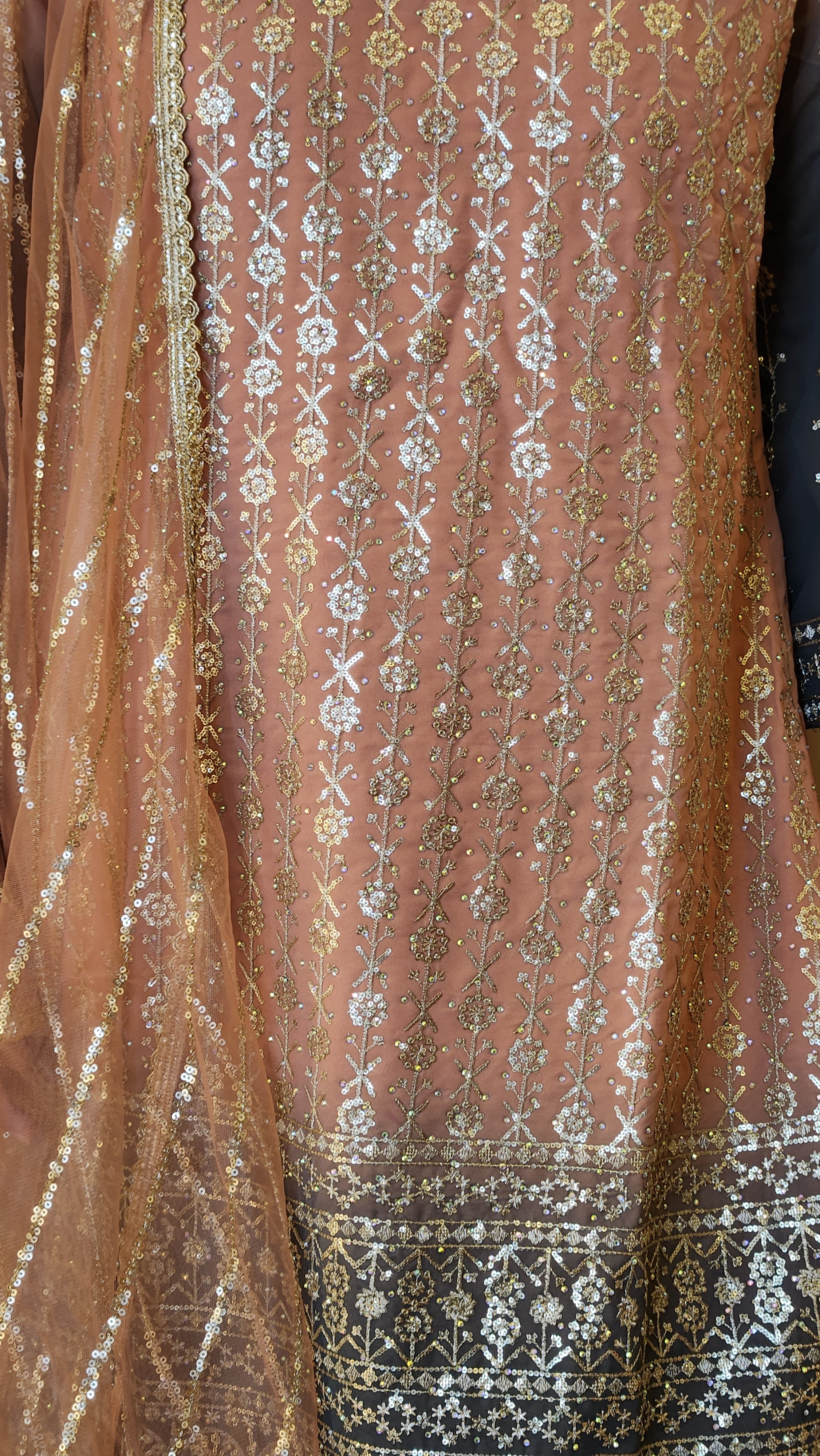 Peach Ombre Chinon Silk Zari Embroidered Kurti with Gharara Pants and Shawl Naina