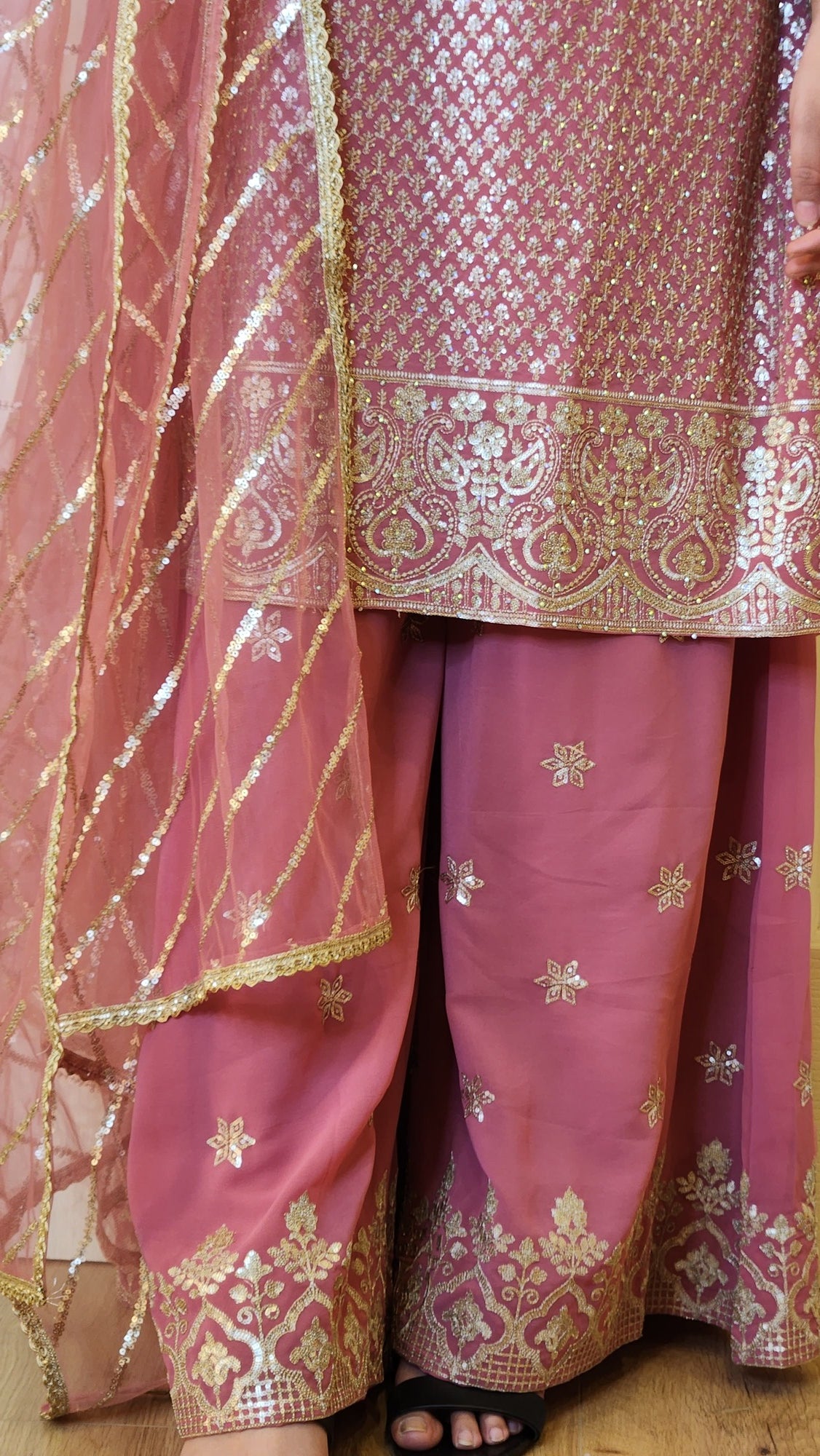 Pink Ombre Chinon Silk Zari Embroidered Kurti with Gharara Pants and Shawl Naina