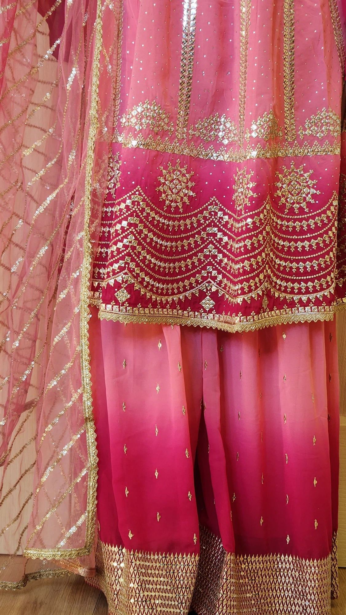 Pink Ombre Chinon Silk Zari Embroidered Kurti with Gharara Pants and Shawl