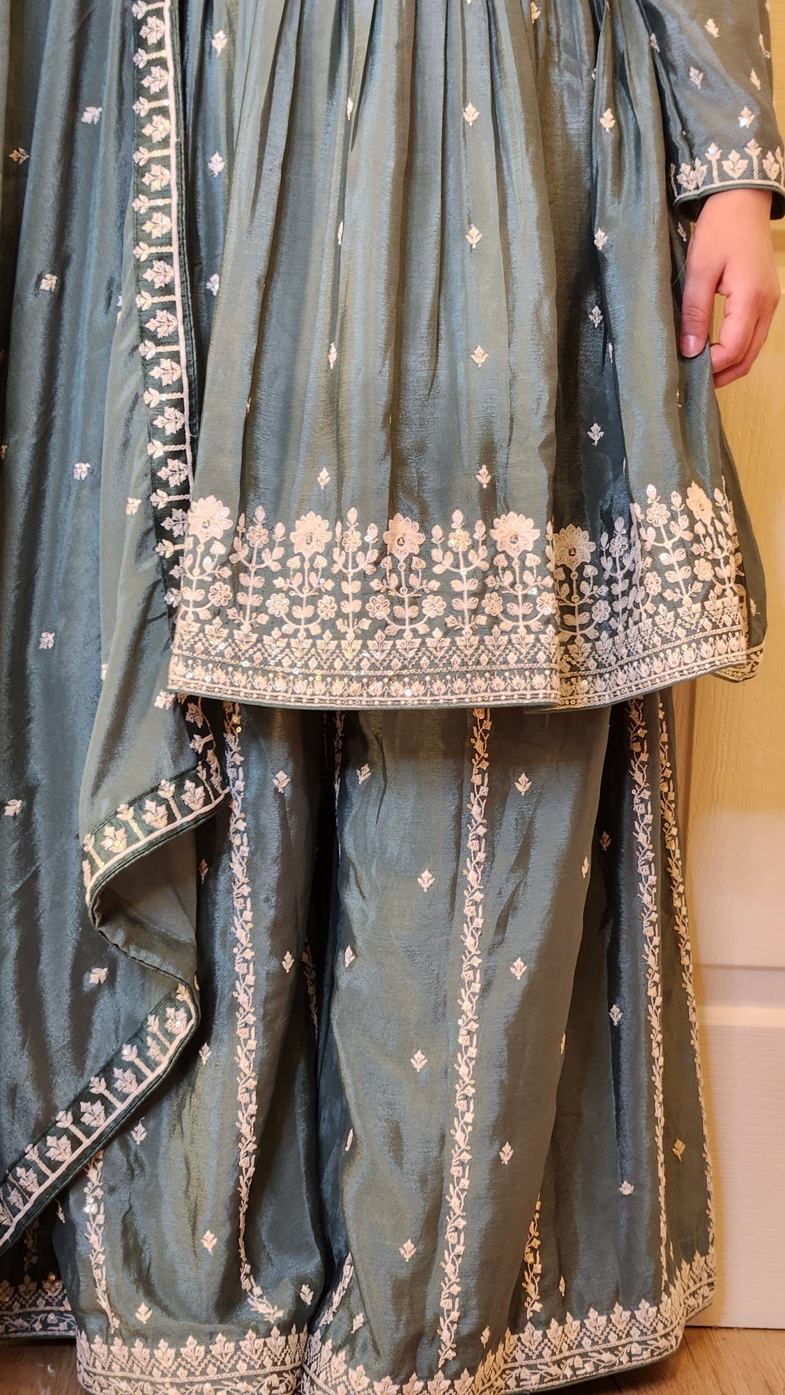 Thread Embroidered Green Sarara Suit with Anarkali Kurti and Shawl Naina