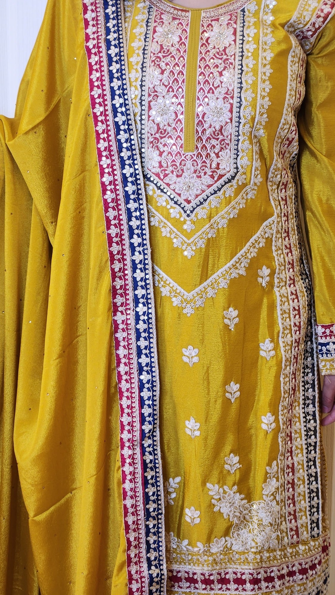 Yellow Chinon Silk Golden Zari Embroidered Sarara Suit with Anarkali Kurti Naina