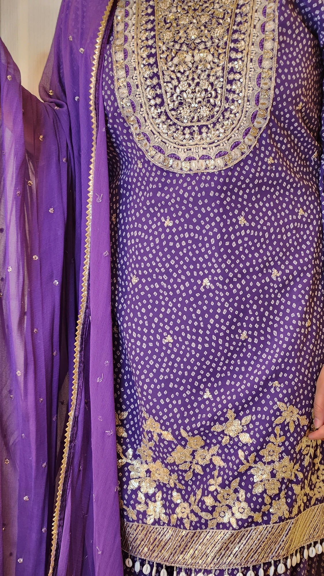 Purple Georgette Printed Kurti with Garara Pants and Shawl Naina