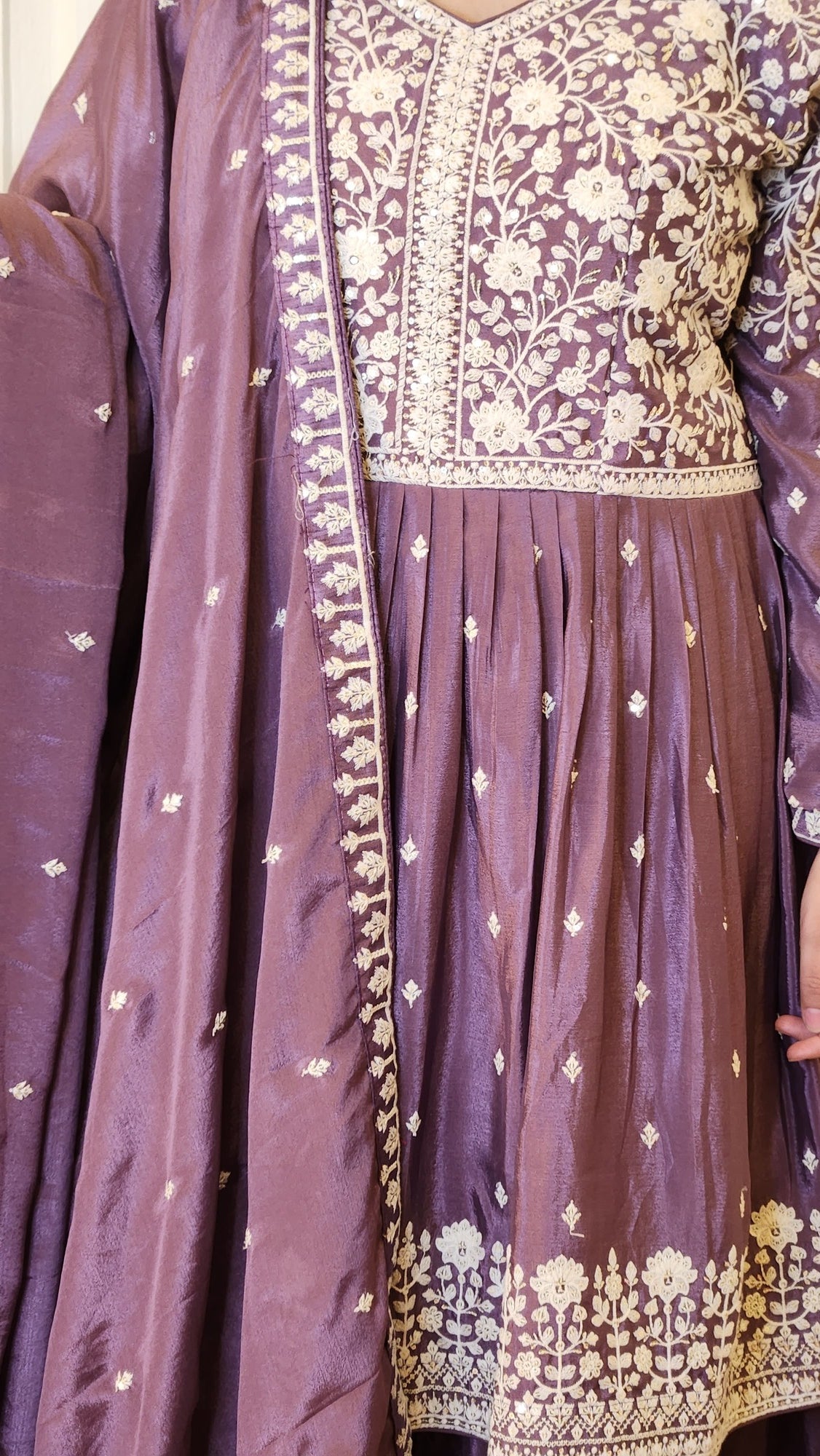 Thread Embroidered Purple Sarara Suit with Anarkali Kurti and Shawl Naina