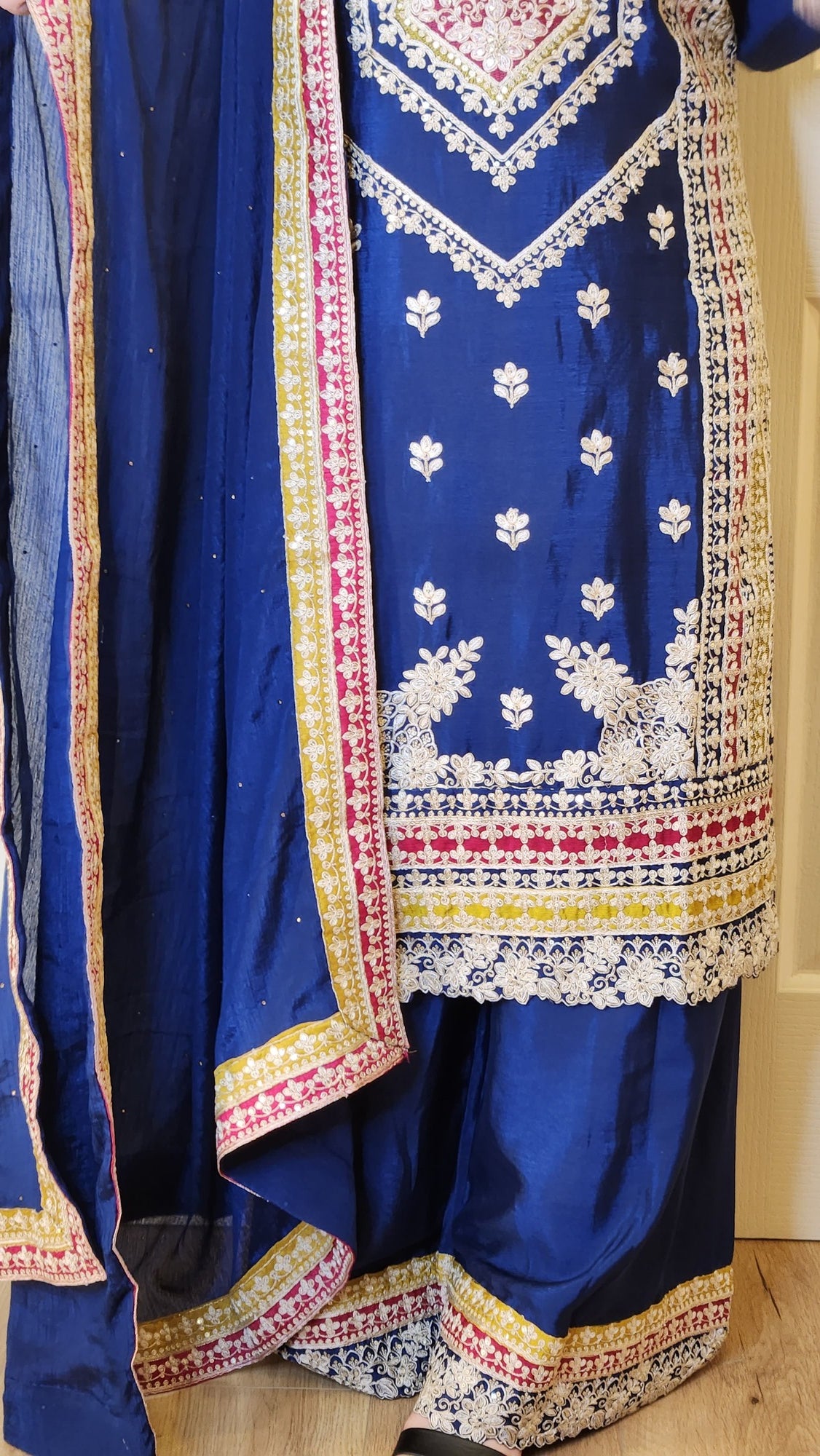Navy Blue Chinon Silk Golden Zari Embroidered Sarara Suit with Anarkali Kurti Naina