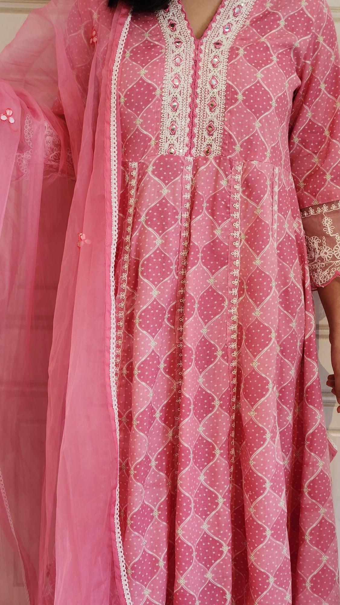 Pink Anarkali Cotton Kurti with Palazzo Pants and Shawl