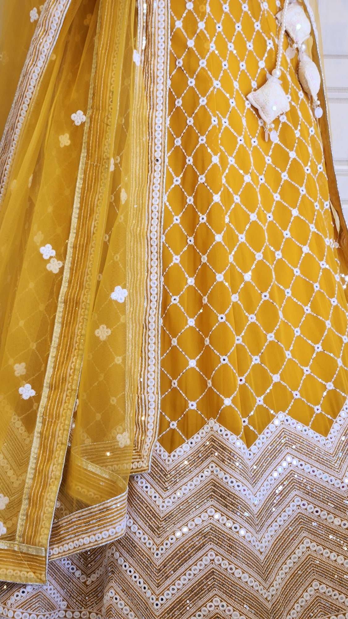 Mustard Yellow Mirror Work Lehenga With Boutique Blouse And Dupatta Chloe