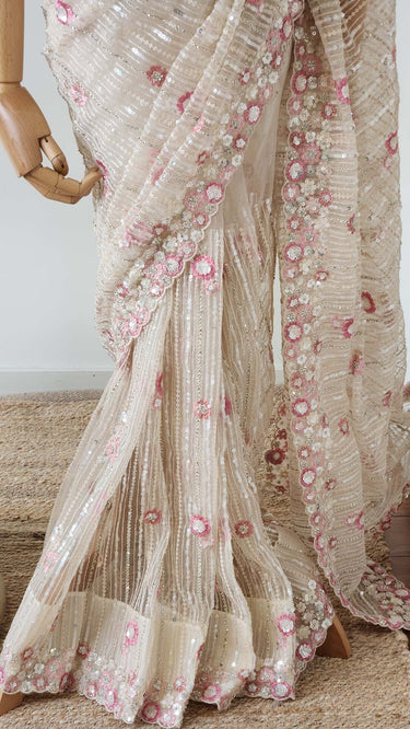 Net Sequin Hand Embroidered Saree - House of Nepal