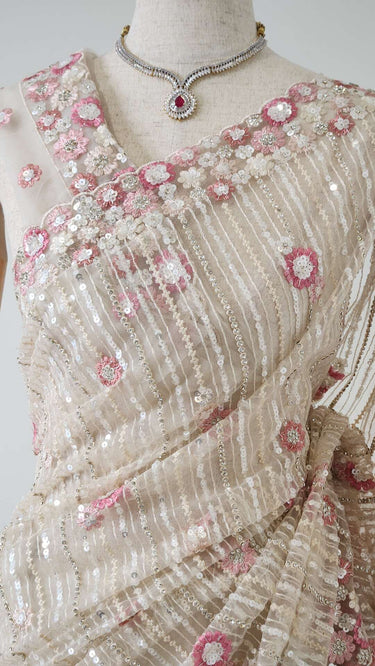 Net Sequin Hand Embroidered Saree - House of Nepal