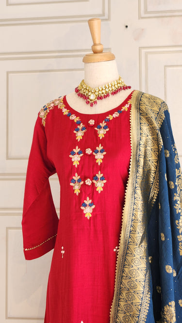 Red Cotton Threadwork Kurta Set