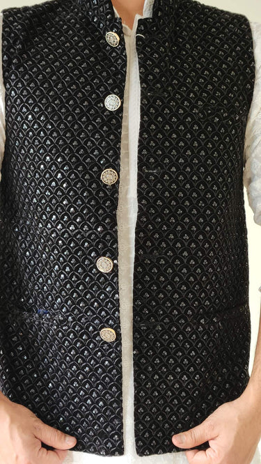 Velvet Nehru Jacket in Black