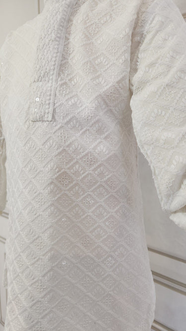 White Chikankari Kurta Pajama for Boys