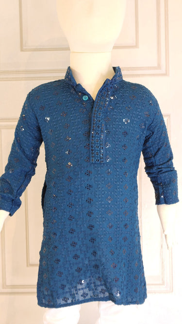 Teal Blue Chikankari Kurta Pajama for Boys