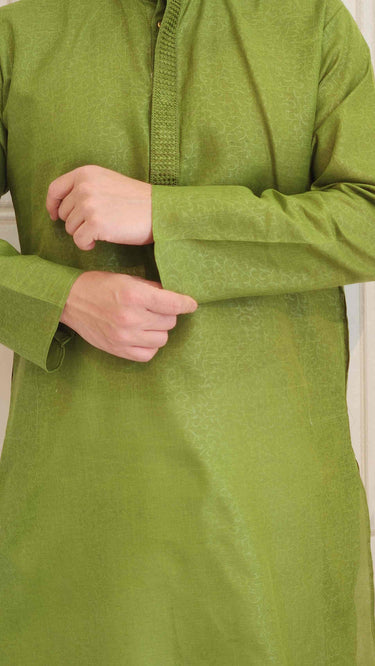 Foil Printed Mens Cotton Kurta in Mehendi Green